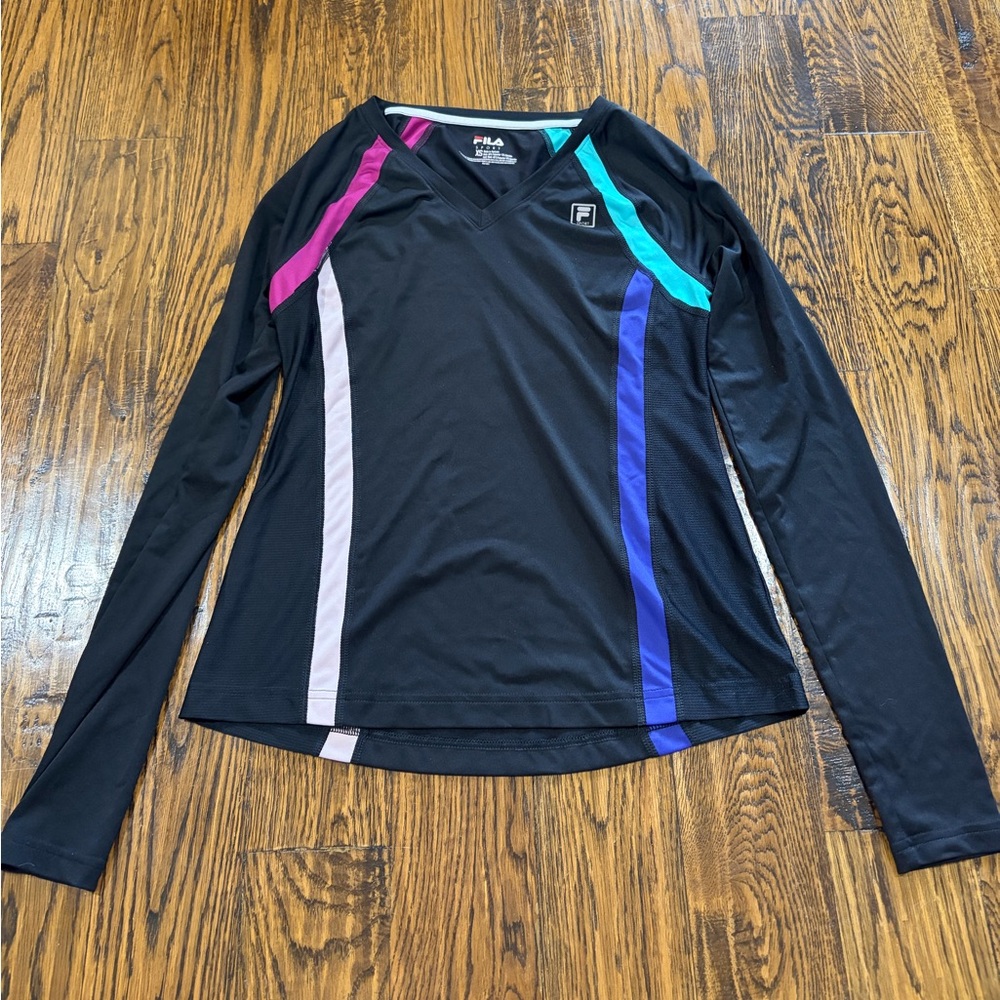 FILA Women's Black Long Sleeve Top with Pink, Purple, and Blue Accents